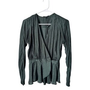 Express Womens Forest Green Jacquard Dot Satin Wrap Peplum Blouse Small S